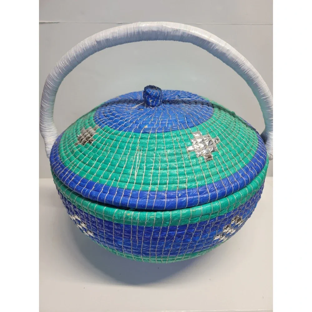 Hand Woven Round Basket with Lid and Handle Blue Green Decorative Storage Accent